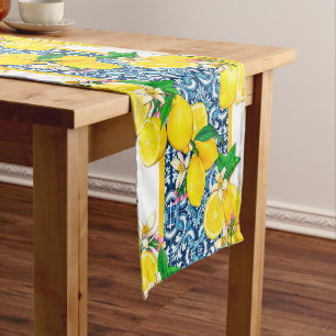 Bright Mediterranean Sicilian Tiles Citrus Lemons Short Table Runner