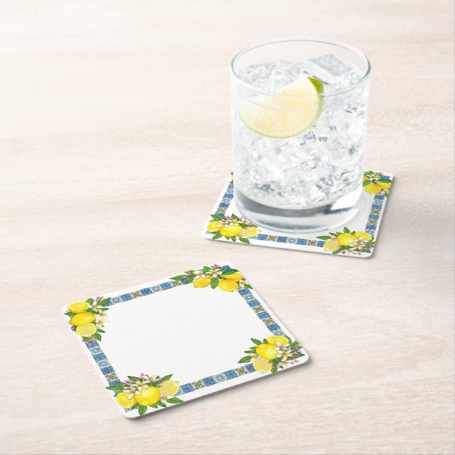 Bright Mediterranean Sicilian Tiles Citrus Lemons  Square Paper Coaster (Insitu)