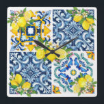 Bright Mediterranean Sicilian Tiles Citrus Lemons Square Wall Clock<br><div class="desc">Mediterranean tiles,  popularized by Dolce & Gabbana's recent fashion collections,  are the epitome of Sicilian luxury. Bright yellow lemons add zest to this summery design.</div>