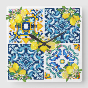 Bright Mediterranean Sicilian Tiles Citrus Lemons Square Wall Clock