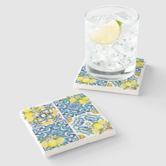 Bright Mediterranean Sicilian Tiles Citrus Lemons  Stone Coaster