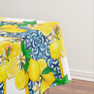 Bright Mediterranean Sicilian Tiles Citrus Lemons Tablecloth