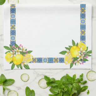 Bright Mediterranean Sicilian Tiles Citrus Lemons Tea Towel