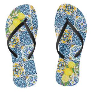 Bright Mediterranean Sicilian Tiles Citrus Lemons Thongs