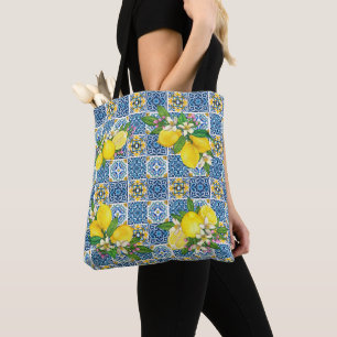 Bright Mediterranean Sicilian Tiles Citrus Lemons Tote Bag