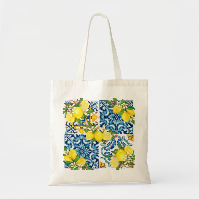 Bright Mediterranean Sicilian Tiles Citrus Lemons Tote Bag (Front)