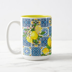Bright Mediterranean Sicilian Tiles Citrus Lemons Two-Tone Coffee Mug