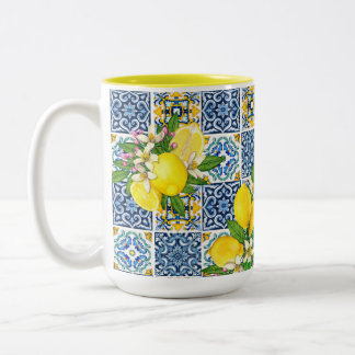 Bright Mediterranean Sicilian Tiles Citrus Lemons  Two-Tone Coffee Mug
