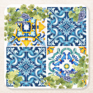 Bright Mediterranean Sicilian Tiles Grape Vine Square Paper Coaster