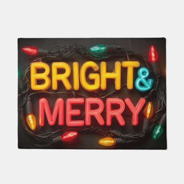 "Bright & Merry" Glowing Festive Neon Sign Doormat (Front)