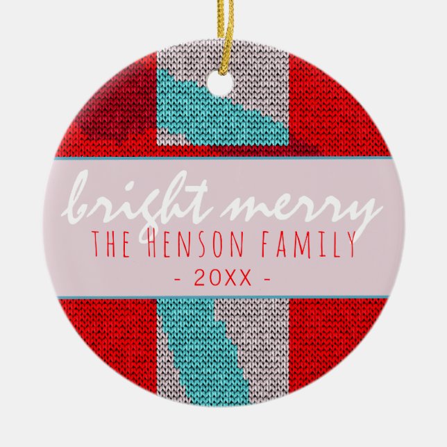 Bright Merry Script Red Knit Knitting Family Ceramic Ornament (Front)