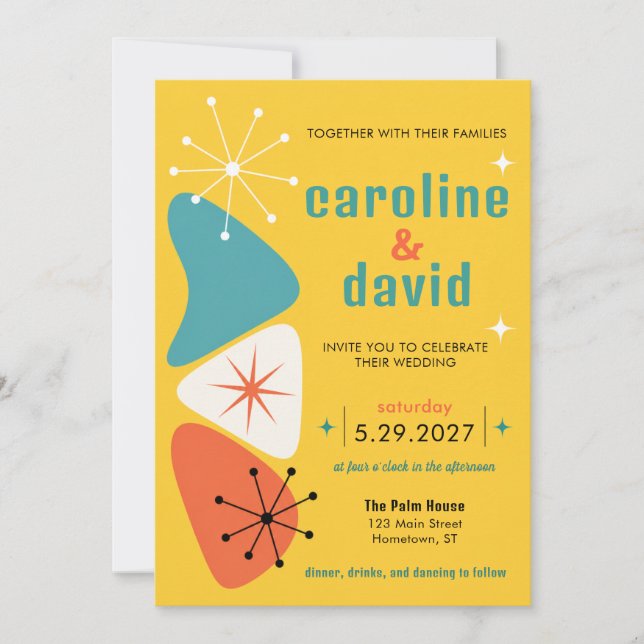 Bright Mid-Century Mod Yellow Geometric Wedding Invitation (Front)
