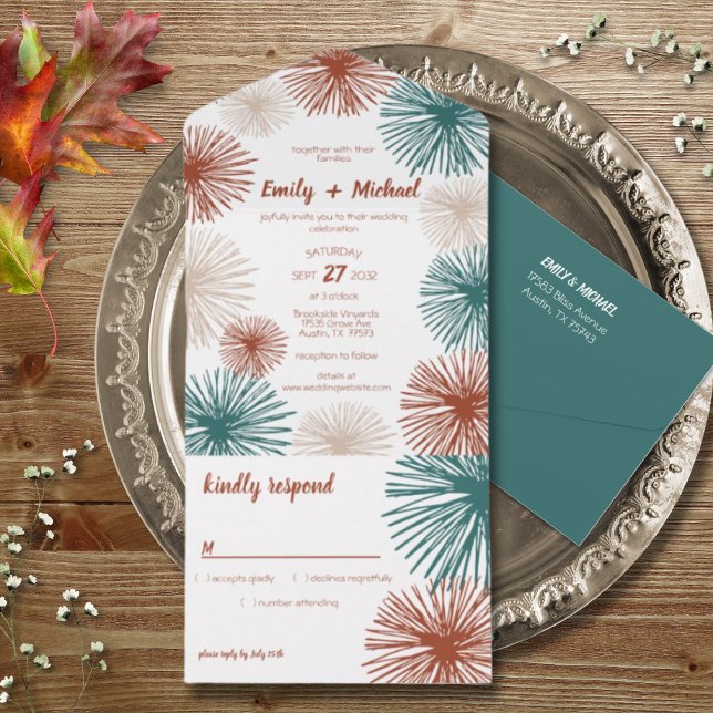 Bright Modern Abstract Dark Teal Copper Bisque  All In One Invitation (Creator Uploaded)