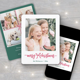 Bright Modern Bow Merry Christmas Photo Collage Holiday Card