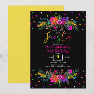 Bright Modern Floral & Black Fiesta Birthday Party Invitation