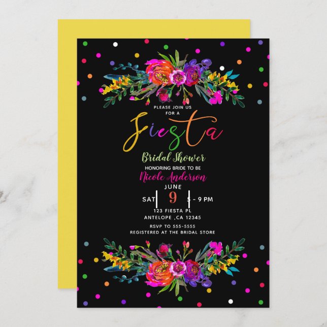 Bright Modern Floral & Black Fiesta Bridal Shower Invitation (Front/Back)
