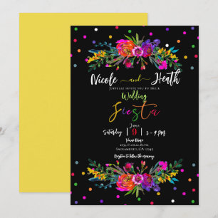 Bright Modern Floral & Black Fiesta Wedding  Invitation