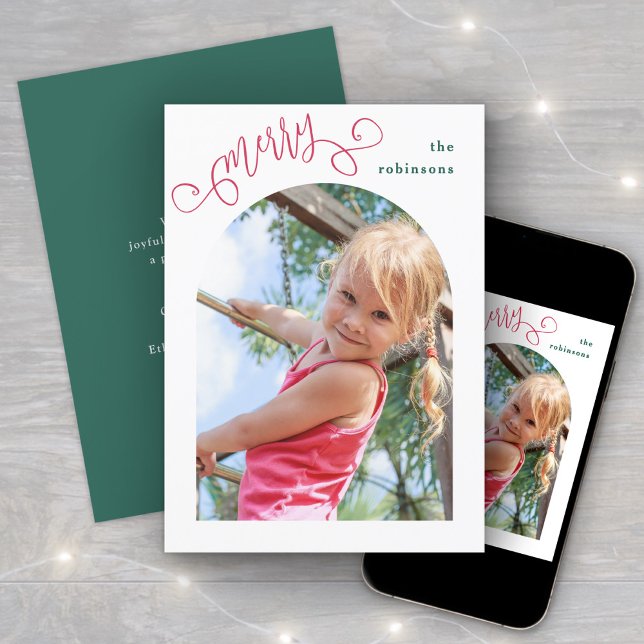 Bright Modern Script Merry Arched Photo Christmas Holiday Card (Creator Uploaded)