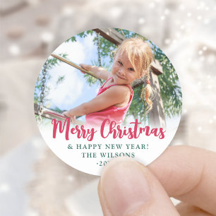 Bright Modern Script Merry Christmas Simple Photo Classic Round Sticker