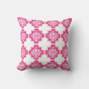 Bright Modern Vintage Arabesque Tile Pattern Pink Cushion