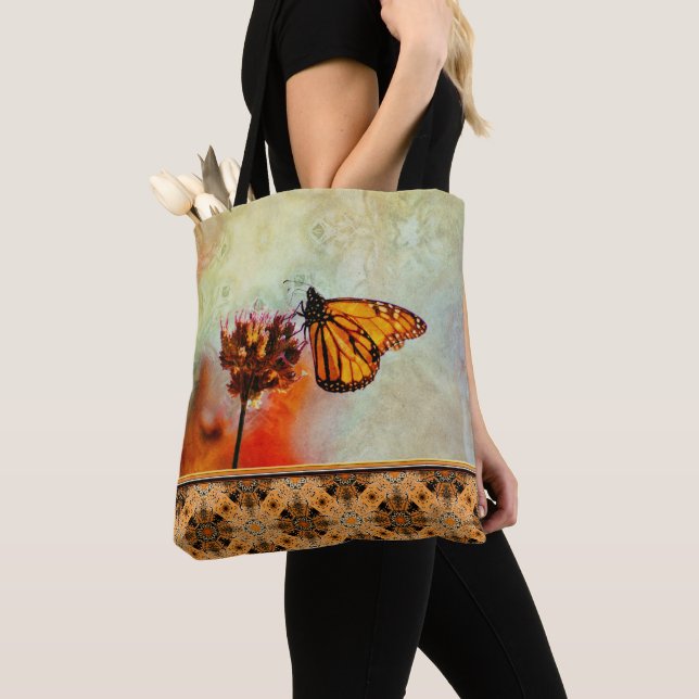 Bright Monarch Butterfly Flower Mandala Tile Tote Bag (Close Up)