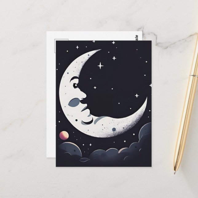 Bright moon face in dark sky postcard (Front/Back In Situ)