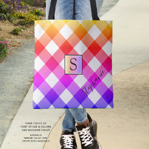 Bright Multi Colour Plaid Monogram Monogram Tote Bag