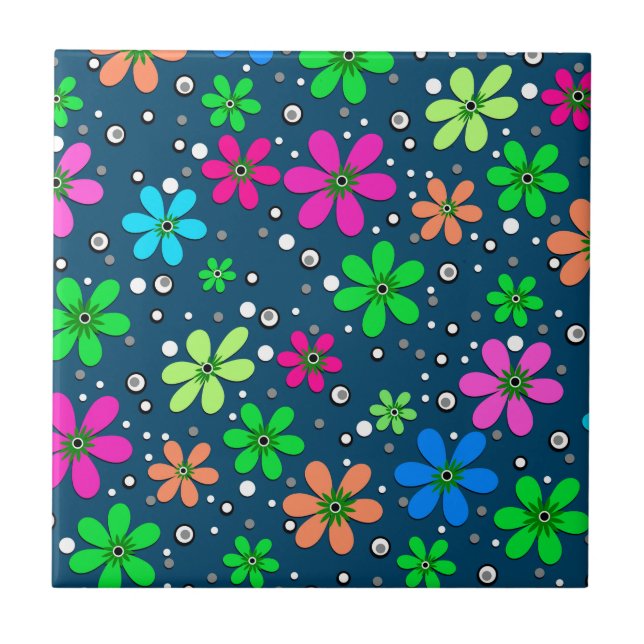 Bright multi-coloured chamomile flowers on a blue  ceramic tile (Front)