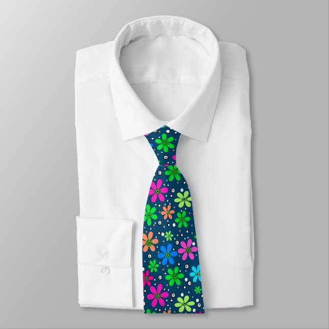 Bright multi-coloured chamomile flowers on a blue  tie (Tied)