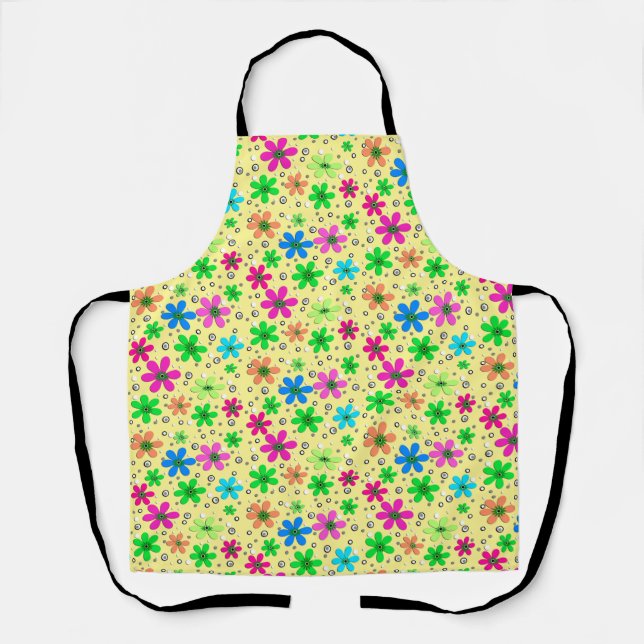 Bright multi-coloured chamomile flowers on a yello apron (Front)