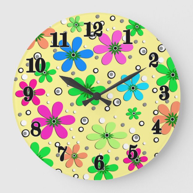 Bright multi-coloured chamomile flowers on a yello large clock (Front)
