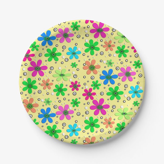 Bright multi-coloured chamomile flowers on a yello paper plate (Front)