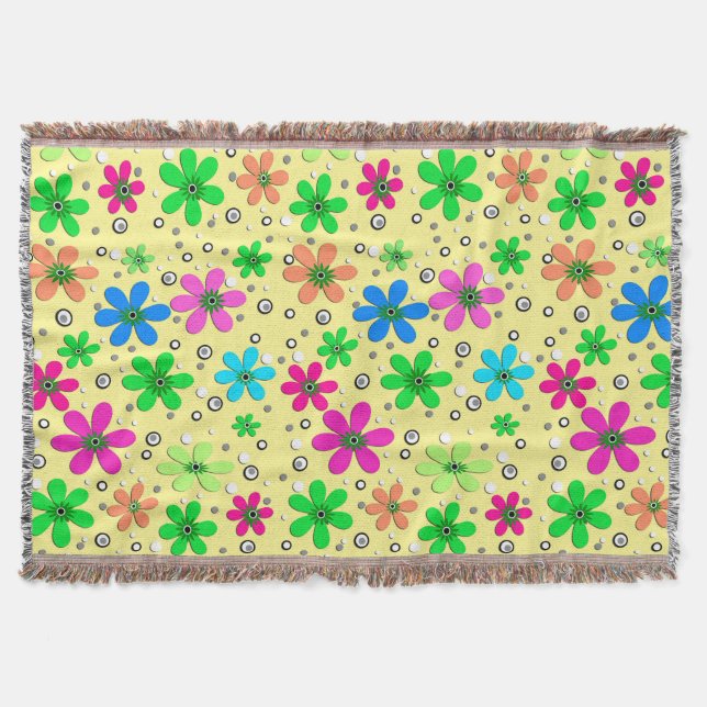 Bright multi-coloured chamomile flowers on a yello throw blanket (Front)