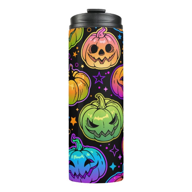 Bright, Multicolored Halloween Pumpkin Pattern Thermal Tumbler (Front)