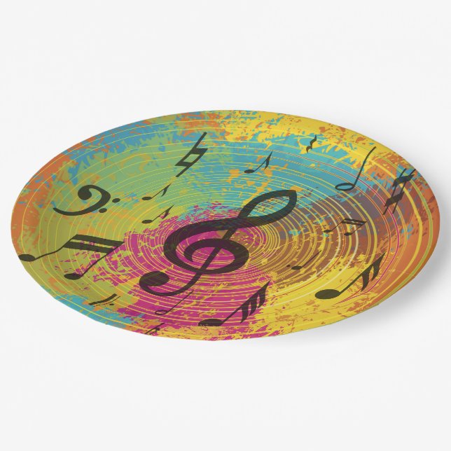 Bright Music Notes on Explosion of Colour Paper Plate (Angled)