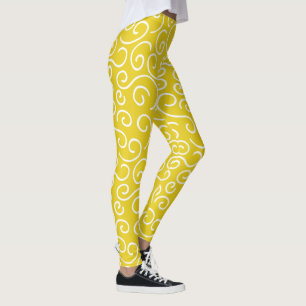 Bright Mustard Yellow and White Doodle Pattern Leggings