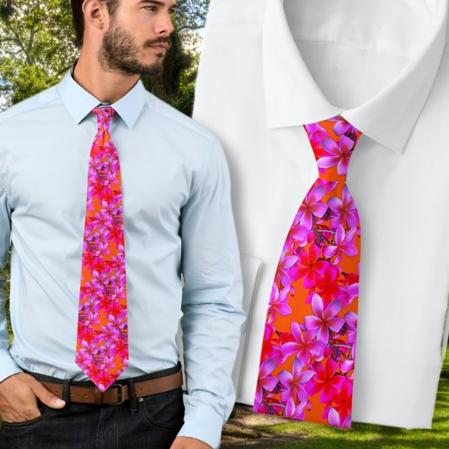 Bright n Bold Frangipani Floral Pink Orange Tie (Creator Uploaded)