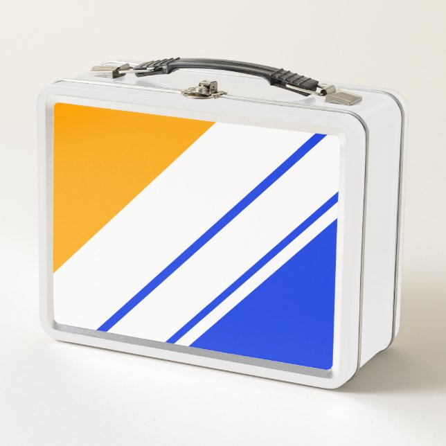Bright Nautical Blue Yellow White Racing Stripes Metal Lunch Box (Front)