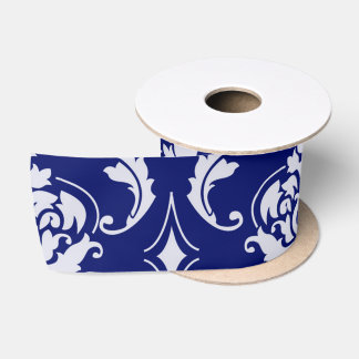 Bright Navy Blue Damask Pattern Satin Ribbon
