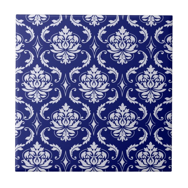 Bright Navy Blue Damask Pattern Tile (Front)