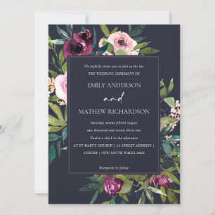 BRIGHT NAVY BLUSH BURGUNDY FLORAL BUNCH WEDDING INVITATION