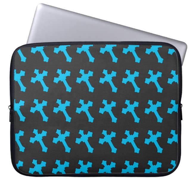 Bright Neon Blue Crosses on a Black fabric Laptop Sleeve (Front)