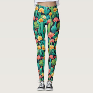 Bright Neon Cactus and Succulents Floral Black Leggings
