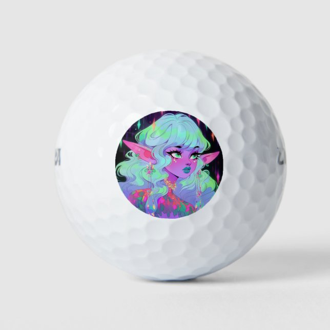 Bright Neon Fantasy Elf Anime Girl Golf Balls (Front)