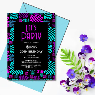 Bright Neon Geometric Pattern Black 20th Birthday Invitation