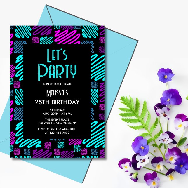 Bright Neon Geometric Pattern Black 25th Birthday Invitation (Creator Uploaded)