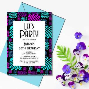 Bright Neon Geometric Pattern Black 30th Birthday Invitation