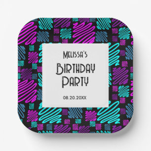 Bright Neon Geometric Pattern Black Birthday Paper Plate