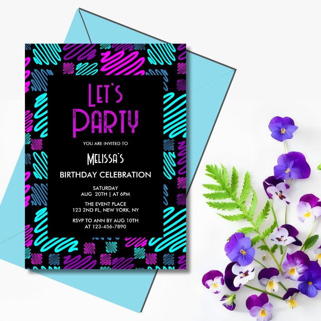 Bright Neon Geometric Pattern Black Birthday Party Invitation (Creator Uploaded)