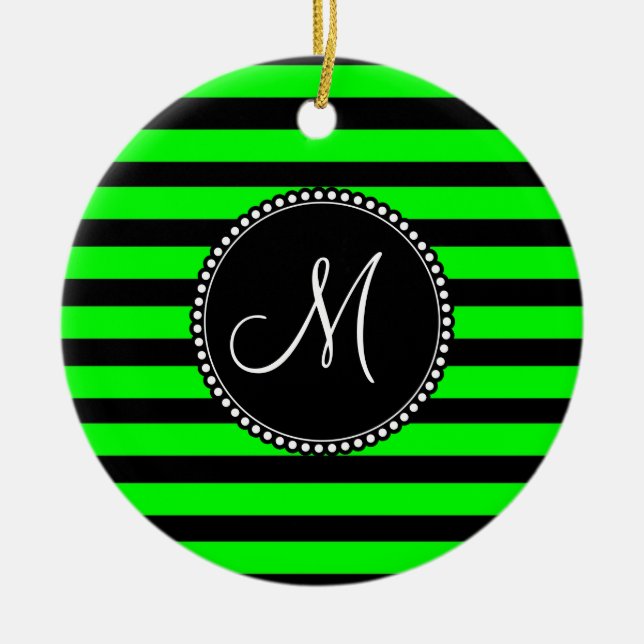 Bright Neon Lime Green and Black Stripes Ceramic Ornament (Front)